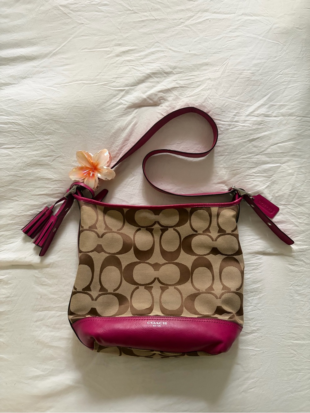 Coach Brown Signature Canvas duffle with Pink Trim